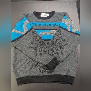Vintage 90s Geometric Grandpa Sweater XL Blue Gray Coogi Style Knit